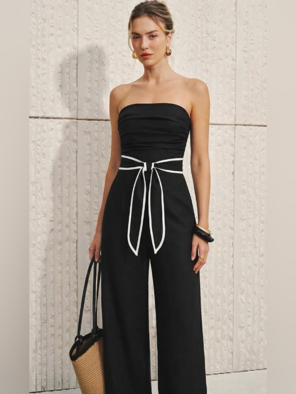 Commense Black Strapless Jumpsuit with White Tie